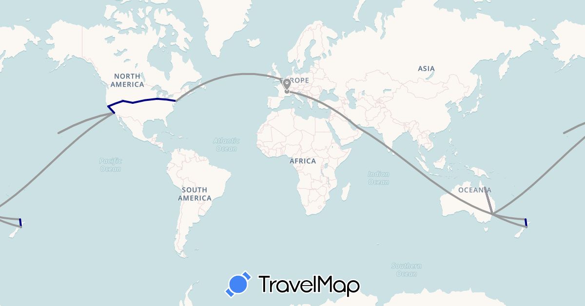 TravelMap itinerary: driving, plane in United Arab Emirates, Australia, France, United Kingdom, New Zealand, United States (Asia, Europe, North America, Oceania)